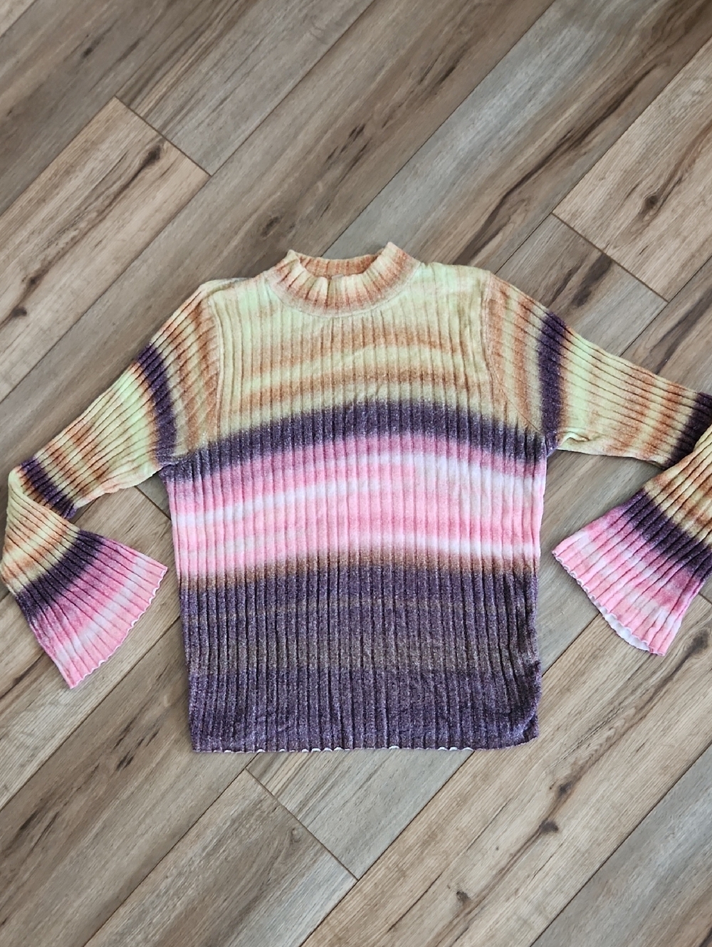 Pilcro Multicolor Women's Striped Ribbed Crewneck Sweater Bell Sleeves Sz Large